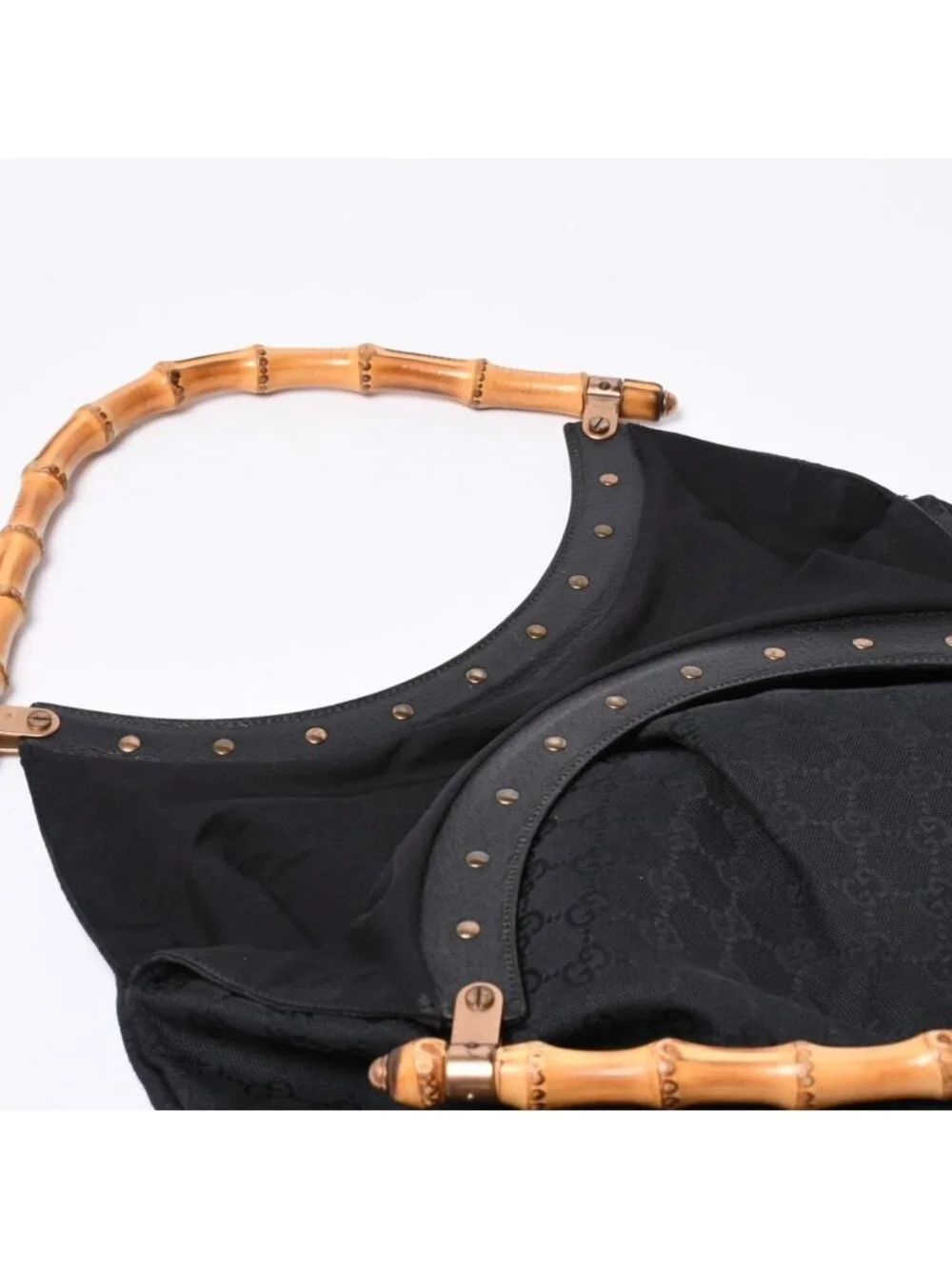 Gucci Bamboo Hand Bag Leather GG Canvas Black Brown